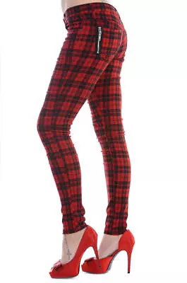 Buy BANNED Apparel Red Tartan Check Skinny Punk Emo Stretch Rockabilly Trousers  • 34.99£