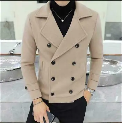 Buy Mens Wool Blend Short Slim Fit Coat Double Breasted Lapel Collar Peacoat Jacket • 47.99£