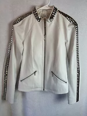 Buy Vintage CACHE White Leather Jacket Studs Studded Womens Size 4 Coat Silver Lined • 39.77£