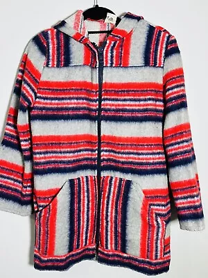 Buy Vintage Zip Up Fleece Jacket Size 12 Bright With Hood Blue Red Grey Coat • 15£