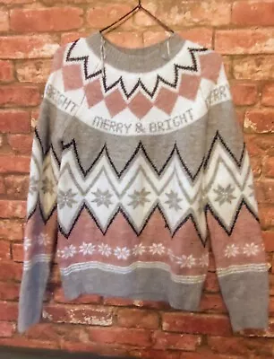 Buy F&F Grey Pink Merry And Bright Christmas Top Jumper (Size 8) • 4£