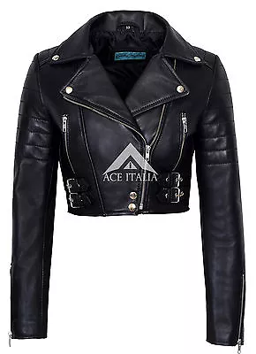 Buy Missy Ladies Short Fitted Black CROPPED Biker Real Lamb Skin Leather Jacket 5625 • 82.93£
