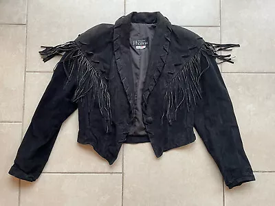 Buy Vtg Womens Jacket Large Cropped Suede Leather Fringe Black Outerwear By Phoenix • 53.08£