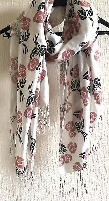 Buy Cream, Pink And Black Rose Print Large Rectangular Soft Woven Wrap / Scarf. • 1.50£