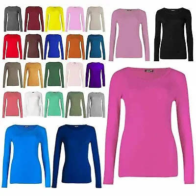 Buy Womens Ladies Stretch Long Sleeve Plain Round Neck T-Shirt Top Casual   • 5.99£