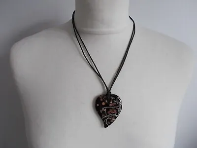 Buy Costume Jewellery Women's Black Silver Brown Heart Glass Pendant Cord Necklace • 7.85£