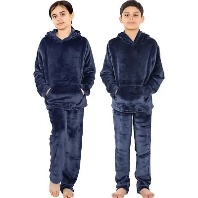 Buy Kids Navy Warm Fleece Hooded Pyjamas For Girls & Boys Sleepover 2 Piece Gift Set • 14.99£