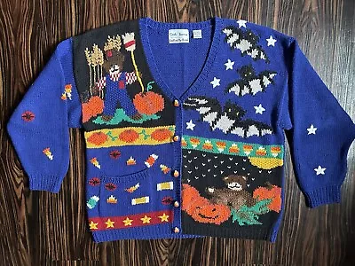 Buy Vintage Croft & Barrow Halloween Knitted By Hand Cardigan Sweater Blue Large • 42.52£