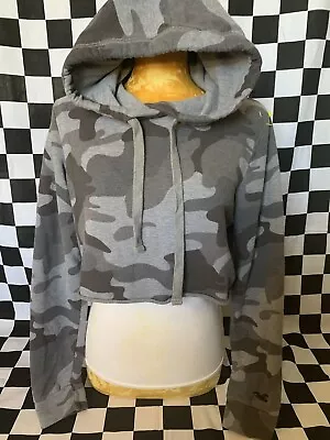 Buy HOLLISTER Logo CAMO Hoodie GRAY & BLACK Camouflage CROPPED Sweatshirt Sz M • 18.07£