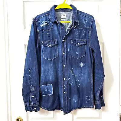 Buy Men’s Zara Denim Over Shirt/Jacket Blue M Relaxed Fit Paint Splatter Distressed • 28.49£