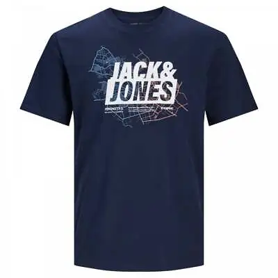 Buy Mens Plus Size Jack & Jones Map Logo T-Shirt Navy Blazer 2XL-5XL • 14£