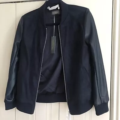 Buy Ruth Langsford  Navy Faux Suede & Faux Leather Bomber Jacket Size 8 • 25.99£