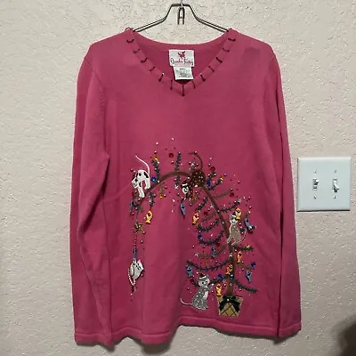 Buy Quacker Factory Christmas Tree Cats Fishes Sweater Bright Pink W/ Beads. Q2. • 15.12£