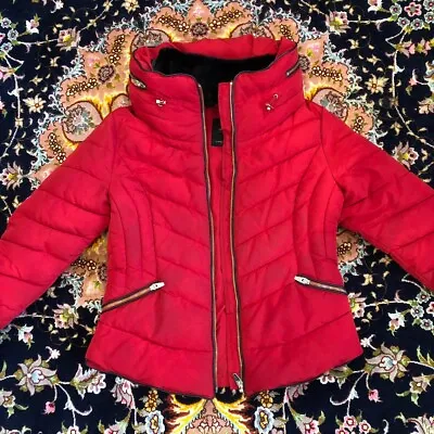 Buy Zara Red Puffer Jacket With Black Faux Fur Lining And Red Removable Hood • 45£