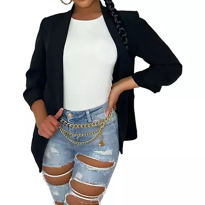 Buy Women Ladies Ruched Sleeve Lined Blazer Collared Casual Formal Jacket Top • 22.99£