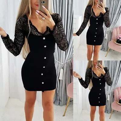 Buy Womens Sexy Lace Long Sleeve Mini Dress Ladies V Neck Bodycon Party Club Dresses • 2.29£