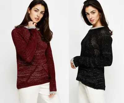 Buy New Womens Metallic Trim Loose Knit Jumper Christmas Wear Black/Silver Burgundy • 8.99£