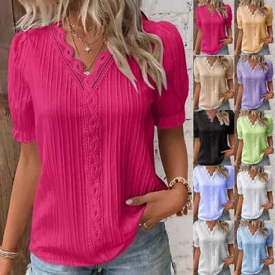 Buy Womens V Neck Summer Ladies T-Shirt Blouse Short Sleeve Tops Pullover Plus Size • 2.39£