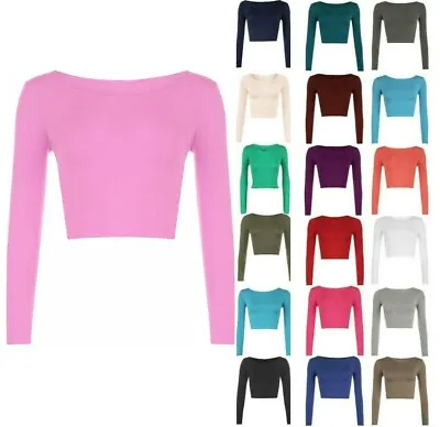 Buy Ladies Round Neck Long Sleeve Crop Top T Shirt Tops Womens Top 8-14 • 5.49£
