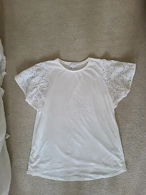 Buy Witchery White Tshirt Broderie Anglaise Sleeves, Small • 25£