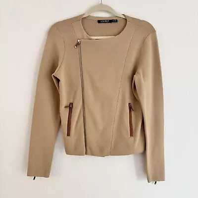 Buy Lauren Ralph Lauren Tan Angle Zip Jacket With Faux Leather Details Size Medium • 48.04£