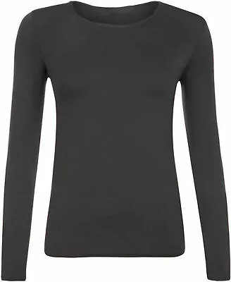 Buy Ladies Long Sleeve Stretch Plain Round Scoop Neck T Shirt Top Assorted • 6.49£