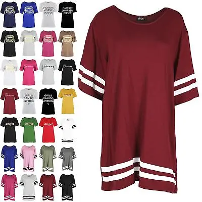 Buy Womens Ladies Plain Short Sleeve Round Neck Sports Varsity Stripes Tees T Shirts • 4.99£