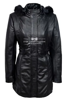 Buy CELIA Ladies Real Leather Jacket Black Napa Classic Mid Length Fur Hooded Coat • 118.76£