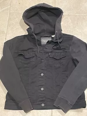 Buy Levi's Jean Jacket Womens Large Black Denim Up Button Sweatshirt Sleeves Hoodie • 27.01£