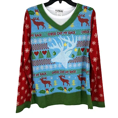 Buy Faux Real Check Out My Rack Deer Photo Ugly Christmas Print Shirt Womens Sz XL • 24.13£