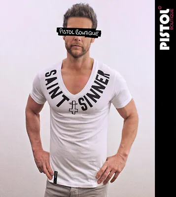 Buy Pistol Boutique Men's Fitted White Deep V Neck SAINT SINNER HALO CROSS T-shirt • 23.79£