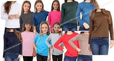 Buy  Kids Plain Top Girls Boys Long Sleeve Tee T Shirt Fit Pe Tops Vest Crew Neck • 4.99£