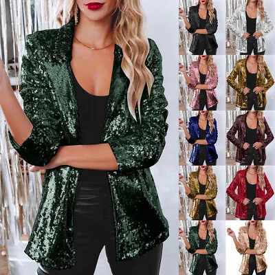 Buy Womens Sparkly Sequins Long Sleeve Open Front Coat Jacket Blazer Party Tops 8-20 • 19.19£