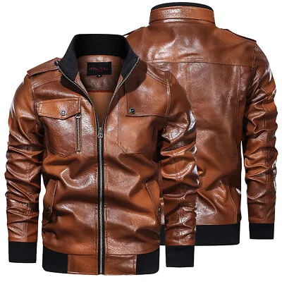 Buy Winter Jacket Mens Leather Bomber Jacket Motorcycle Jackets Vintage Biker Coat • 33£