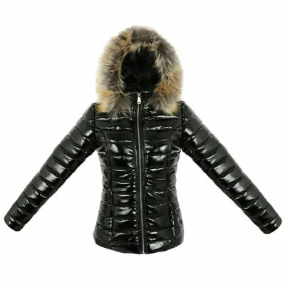 Buy Women's Quilted Thick Coat Puffer Padded Jacket Wet Look Black Shiny Fur Hooded. • 29.99£