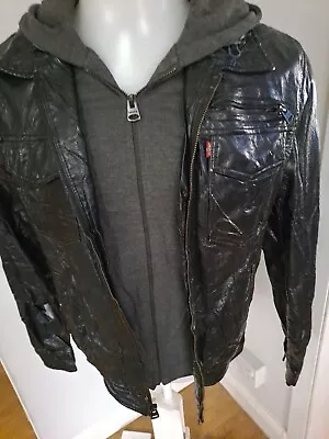 Buy LEVI'S, S, 36 , Black Faux Leather Fleece Lined Zipper Hooded Jacket Gc • 16.77£
