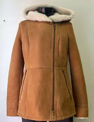 Buy Ladies B3 Flying Real Sheepskin Shearling Jacket Tan White Fur Hooded  P-738 • 150£