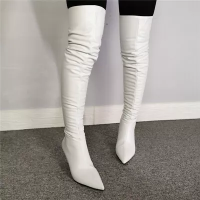 Buy Sexy Women Over Knee Boots Pointed Toe Heels Back Zip White Shoes Plus Size 4-15 • 67.18£