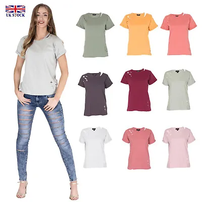 Buy Women's Distressed Ripped Holes Nibble Plain Cut-out Rounded Neck Casual T-shirt • 3.99£