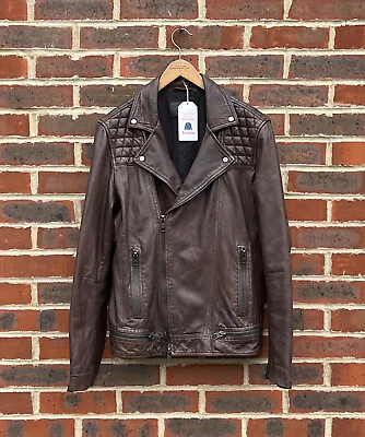 Buy All Saints Mens CONROY Leather Biker Jacket Brown Bomber MEDIUM A308 • 199.99£