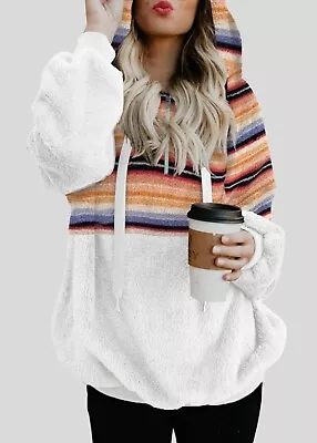 Buy Women's Color Block Oversized Furry Hoodie With Pockets Outwear Ti-color XL • 9.99£