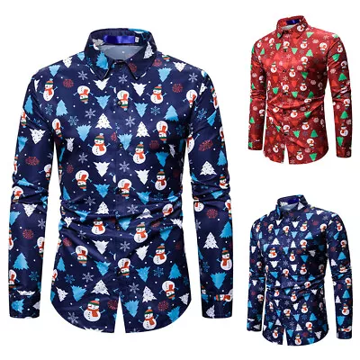 Buy Christmas Mens Slim Fit Shirts Long Sleeve Collar Buttons Up Party Casual Tops • 3.89£