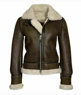 Buy Women Aviator RAF Bomber Fur Shearling Sheepskin Real Leather Jacket • 156.86£