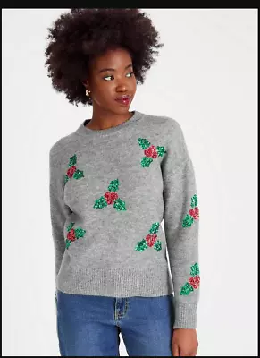 Buy New Tu Womens Plus Size 20-22 Charcoal Grey Holly Sequin Christmas Jumper Xmas • 2.99£