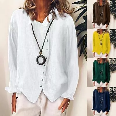 Buy Womens Cotton Linen Plain Blouse Tops Ladies Baggy Long Sleeve Casual T-Shirt 14 • 11.99£