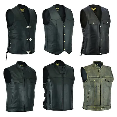 Buy Men's Real Leather Biker Waistcoat Motorbike Motorcycle Club Style Black Vests • 67.99£