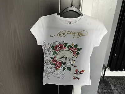 Buy Ed Hardy By Christian Audigier White  T-shirt With Skull & Rose Flower Print • 5£