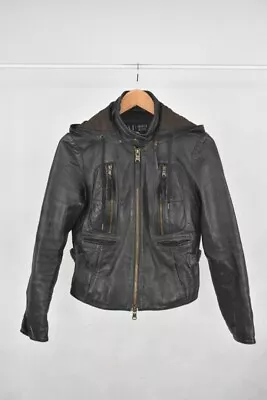 Buy Ladies Armani Jeans Brown Biker Leather Jacket Size 10 Detachable Hood • 24.99£