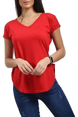 Buy Womens Ladies Plain V Neck Curved Hem Turn Up Short Sleeve Jersey T Shirt Top • 4.59£