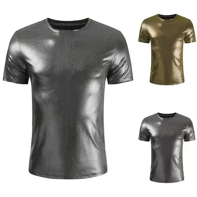 Buy Stylish Shiny Men's T Shirt Short Sleeve Slim Fit Top Clubwear Costume • 19.52£